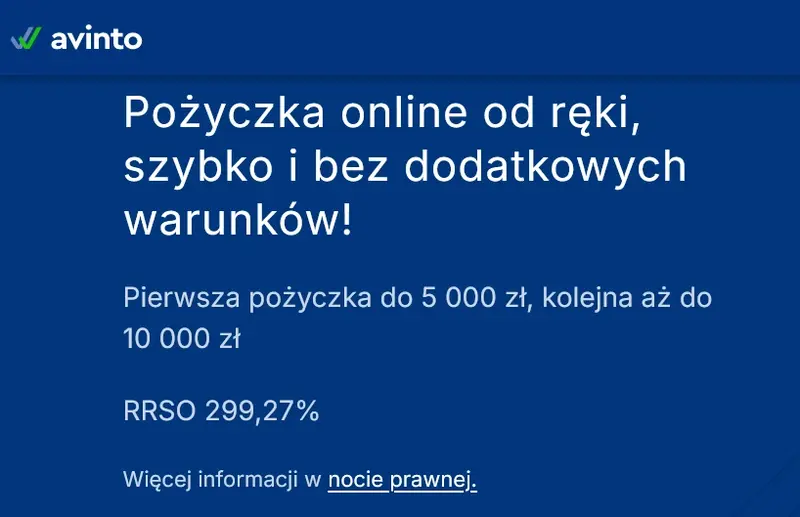 Chwilówka Avinto - pożyczka online do 10 000 zł, RRSO 299,27%