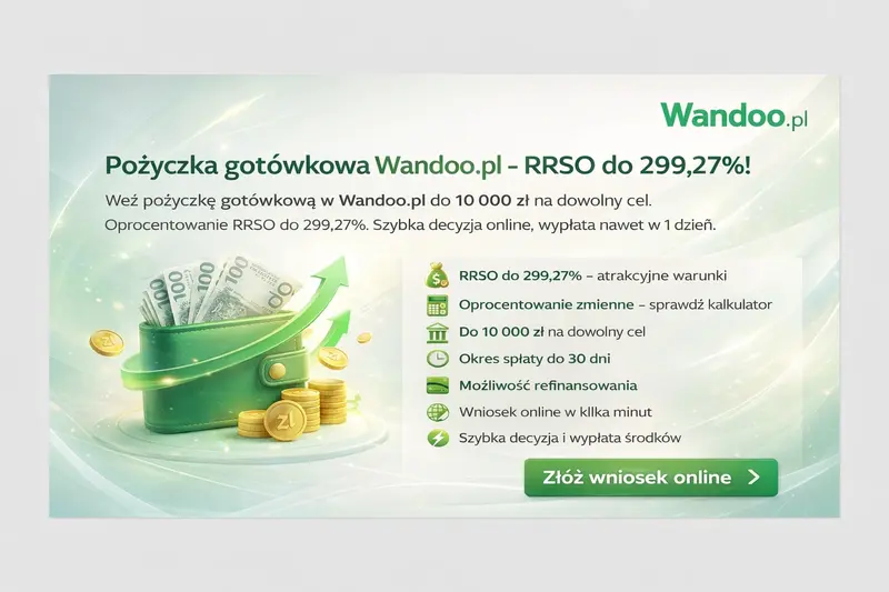 Pożyczka gotówkowa Wandoo.pl - RRSO 299,25%, do 5000 zł na dowolny cel
