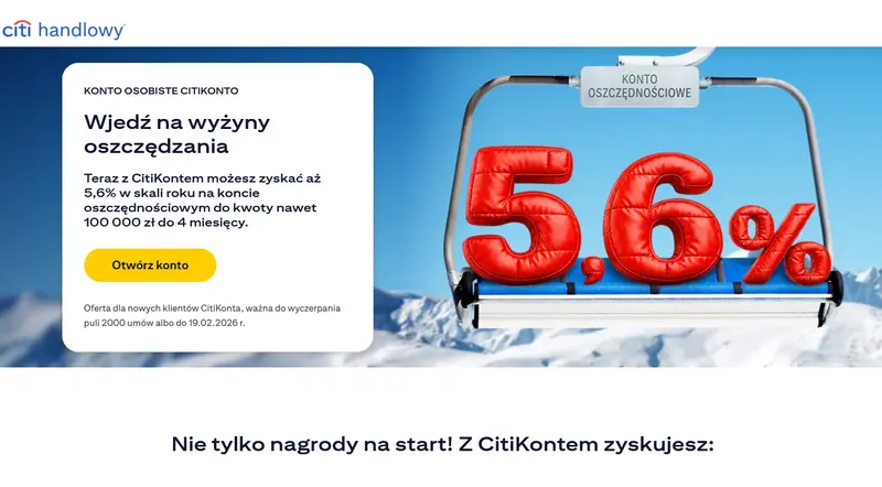 Konto osobiste CitiKonto z oprocentowaniem 5,6% na koncie oszczędnościowym - oferta Citi Handlowy