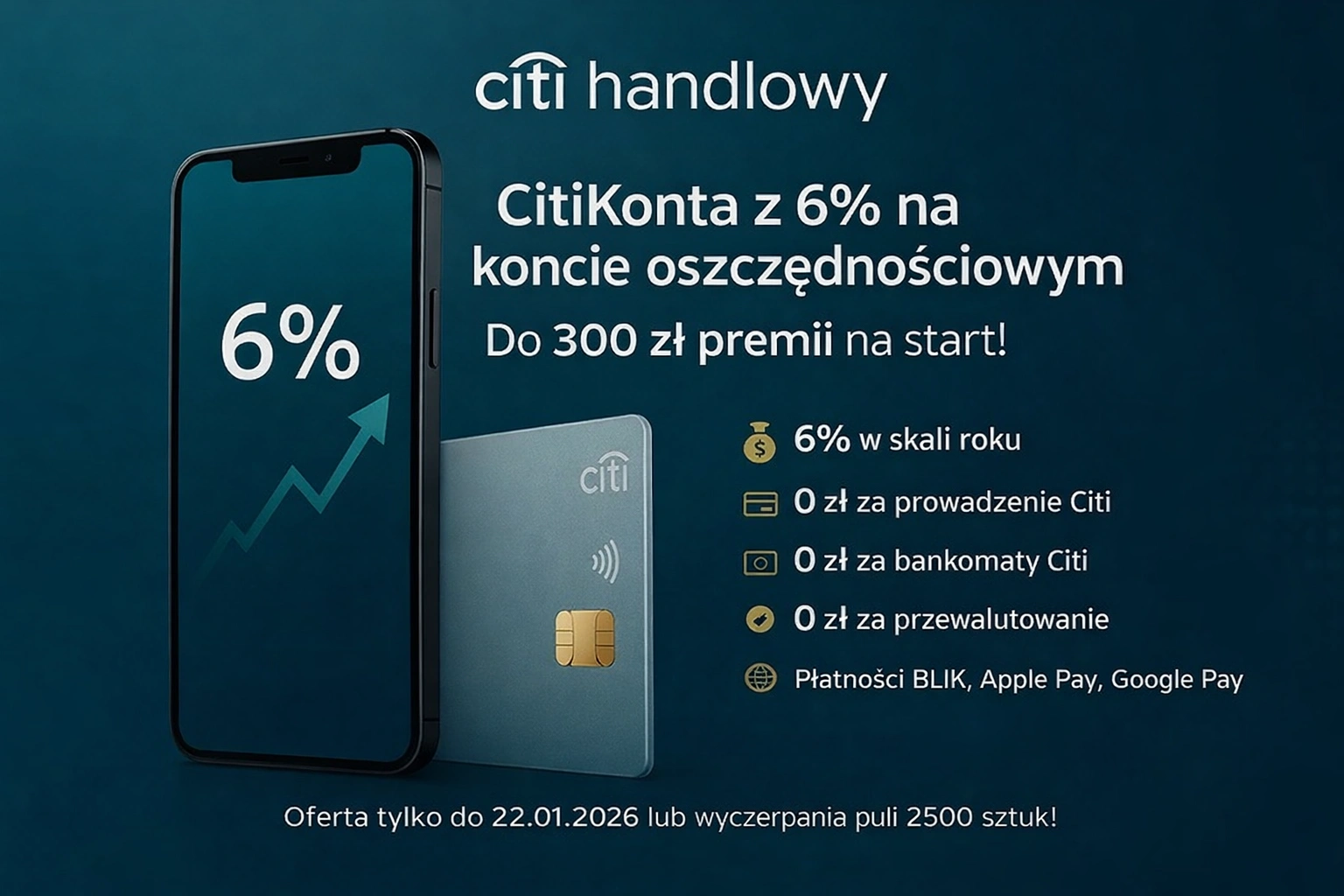 Konto osobiste CitiKonto z 6% na koncie oszczędnościowym Citi Handlowy – do 300 zł zwrotu i darmowe konto