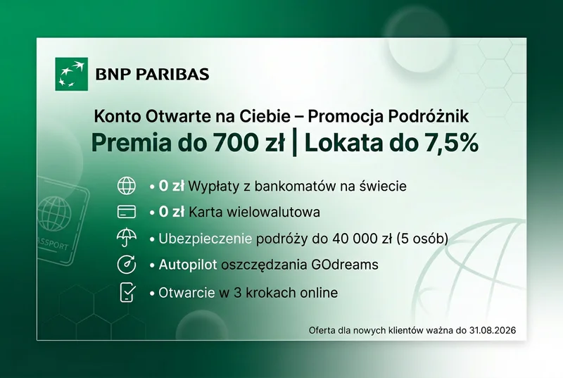 Konto Otwarte na Ciebie BNP Paribas w promocji Podróżnik - premia do 700 zł, karta wielowalutowa 0 zł, ubezpieczenie podróży