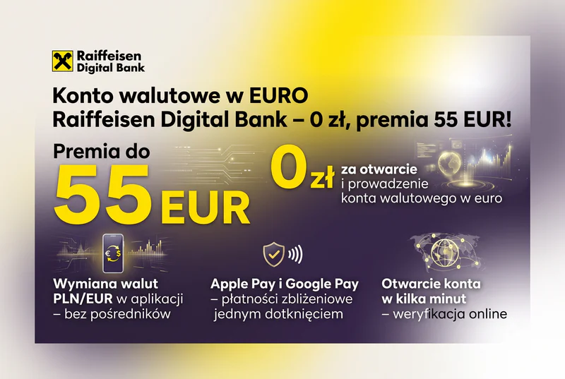 Konto walutowe w euro Raiffeisen Digital Bank – darmowe konto, wirtualna karta Visa Gold, premia 55 EUR, wymiana walut w aplikacji