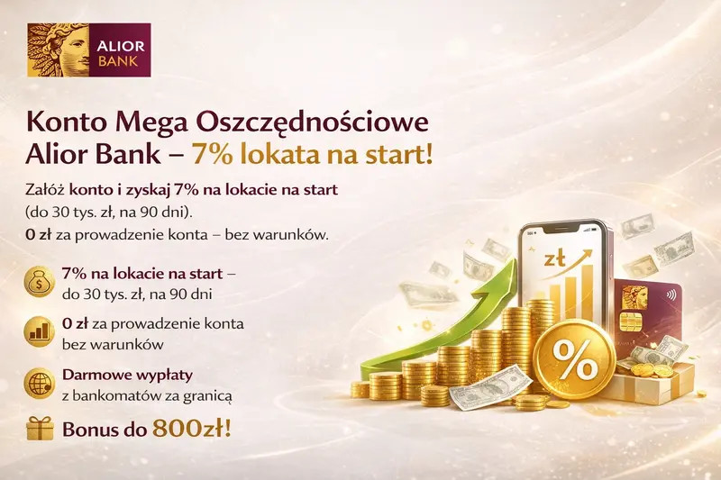 Konto Mega Oszczędnościowe Alior Bank – lokata na start 7%, bonus do 800 zł, 0 zł za prowadzenie