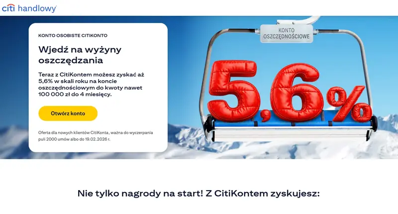 Konto oszczędnościowe Citi Handlowy z oprocentowaniem 5,6% - promocja z bonusami i atrakcyjnym oprocentowaniem