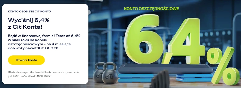 Konto oszczędnościowe Citi Handlowy z oprocentowaniem 6,4% i premią do 300 zł