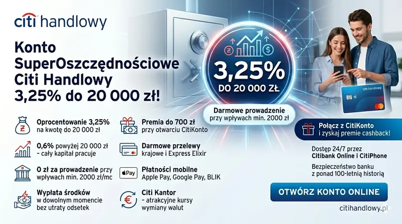 <strong>Konto SuperOszczędnościowe Citi</strong> - 3,25% do 20 000 zł! 💰