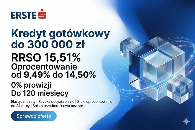 Kredyt gotówkowy do 300 000 zł Erste Bank Polska - RRSO 15,51%, elastyczne raty do 120 miesięcy