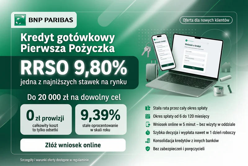 Kredyt gotówkowy w BNP Paribas do 20 000 zł z RRSO 9,80% - Pierwsza Pożyczka na dowolny cel