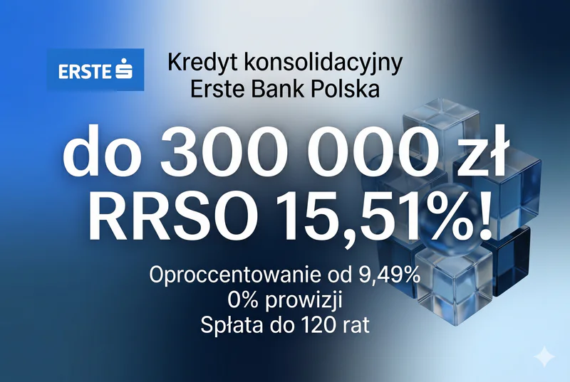 Kredyt konsolidacyjny do 300 000 zł Erste Bank Polska - RRSO 15,51%, 0% prowizji, jedna wygodna rata do 120 miesięcy