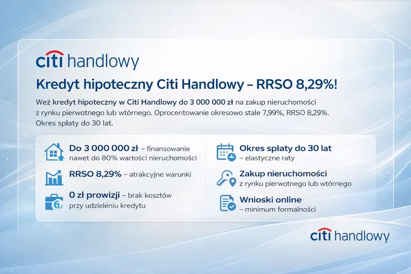 Kredyt hipoteczny Citi Handlowy – RRSO 8,29%, do 3 mln zł, do 80% LTV, okres spłaty do 30 lat
