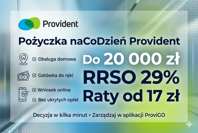 Pożyczka naCoDzień Provident - gotówka do 20 000 zł z obsługą domową, RRSO 29%, rata dzienna 17 zł