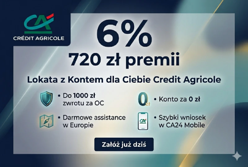 Lokata 6% z Kontem dla Ciebie Credit Agricole - premia 720 zł, assistance i zwrot za OC
