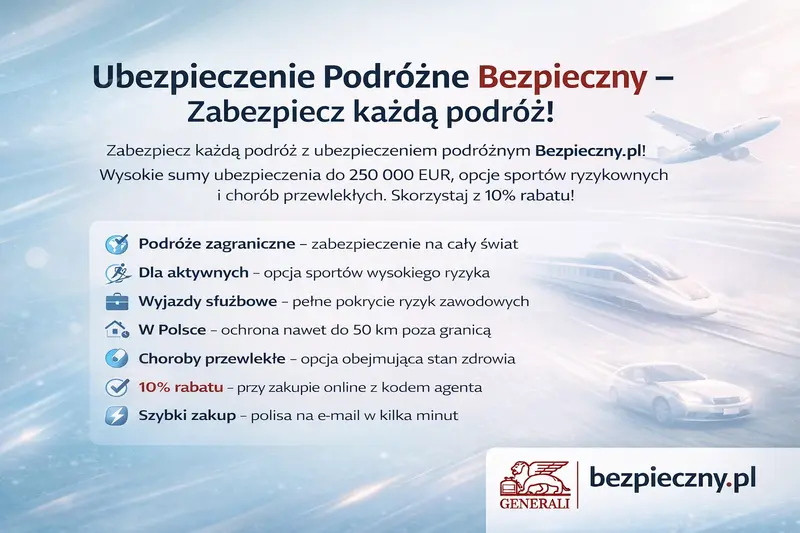<strong>Bezpieczny.pl</strong> - Ubezpieczenie podróżne z 10% rabatem! ✈️